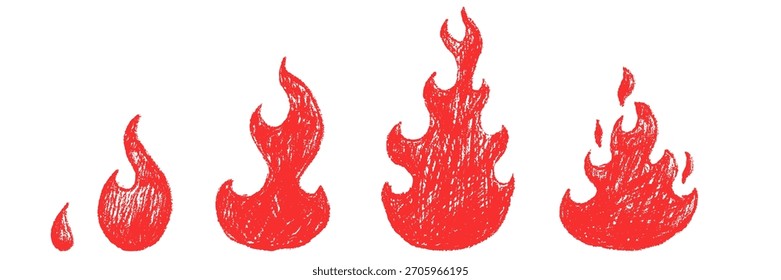 Llama de fuego en estilo de dibujos animados dibujado a mano. Set doodle Elementos varias Formas para Anuncio, pegatina, tatuaje creado a partir de pincel, crayón o lápiz. Ilustración vectorial de niños ingenuos.
