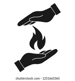 Fire flame in hand. Protection vector icon on white background