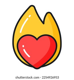 Fire flame with heart denoting love passion vector icon
