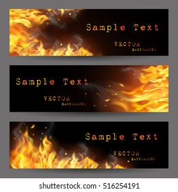 Fire flame horizontal banners set with sparks and places for text on black background isolated vector illustration