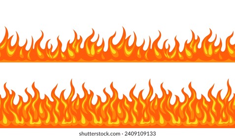 Fire flame horizontal seamless border. Set of fire background. Vector cartoon flat illustration.