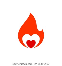 Fire flame, hot heart symbol, vector illustration.