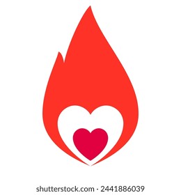 Fire flame, hot heart symbol, vector illustration.