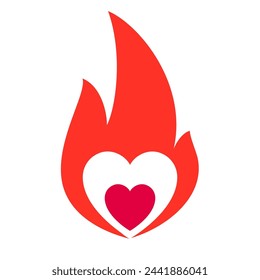 Fire flame, hot heart symbol, vector illustration.