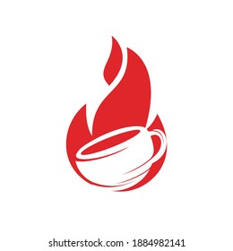 Fire flame hot roasted coffee logo design. Hot coffee shop logo with mug cup and fire flame icon design.	
