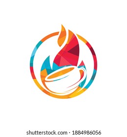 Fire flame hot roasted coffee logo design. Hot coffee shop logo with mug cup and fire flame icon design.	
