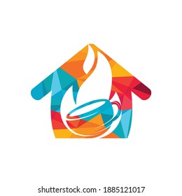 Fire flame hot roasted coffee logo design. Hot coffee shop logo with mug cup and fire flame with home icon design.	