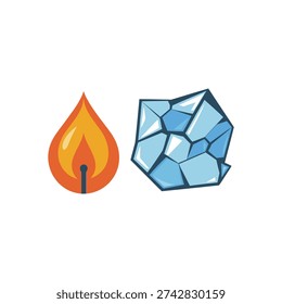 Fire flame and ice crystal icons, hot and cold elements vector for weather app, safety poster, kitchen label, science design