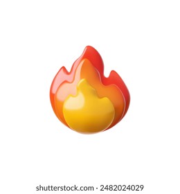 Icono de fuego en Ilustración vectorial 3D. Un emoticono de fuego rojo brillante para las reacciones en el chat, transmitiendo energía y fuerza. Estilo de la historieta en el fondo aislado.