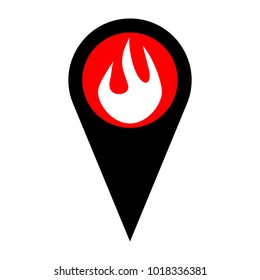 Fire flame icon. Body of flame. Vector. Flat white icon in red circle at black marker on white background. Isolated.