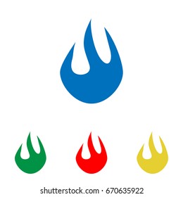 Fire flame icon. Body of flame. Vector. Big blue flat icon with red, green and yellow small icons at white background. Isolated.