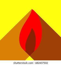 Fire, flame icon. Body of flame. Vector. Red icon with two flat reddish shadows on yellow background.