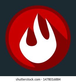 Fire flame icon. Body of flame. White icon with shadow on round red button at dark cyan background. Illustration.