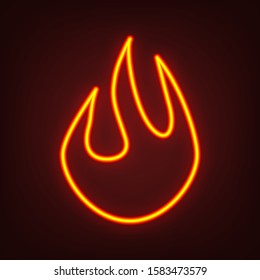 Fire flame icon. Body of flame. Yellow, orange, red neon icon at dark reddish background. Illumination. Illustration.
