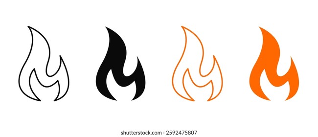 Fire flame icon. Burning symbol set. Fire heat silhouette. Vector illustration