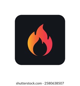 Fire or Flame Icon Button with Gradient Vector Design in Black Square. Fiery, Flammable Symbol Flat Logo Template for Web, App and Branding.