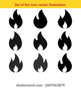 Fire flame icon collection, abstract blazing elements vector illustration in black color.