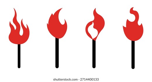 Fire Flame Icon Collection - Símbolos de Fogo Plano e Crayon Style Bonfire, Conjunto de Vetor de Calor e Energia