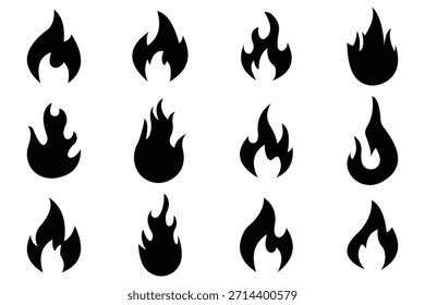Fire Flame Icon Collection - Símbolos de Fogo Plano e Crayon Style Bonfire, Conjunto de Vetor de Calor e Energia