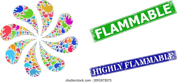 Icono de llama de fuego color de la forma de los fuegos artificiales de la turbina de torneado, y sello grunge Flammable. Sellos rectangulares de sellado de grunge de color azul altamente inflamables y verdes.
