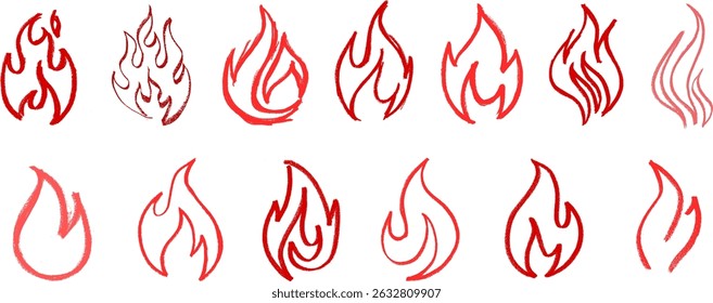 Feuer Flamme Symbol Kreide Kreide Zeichnung Vektor Set
