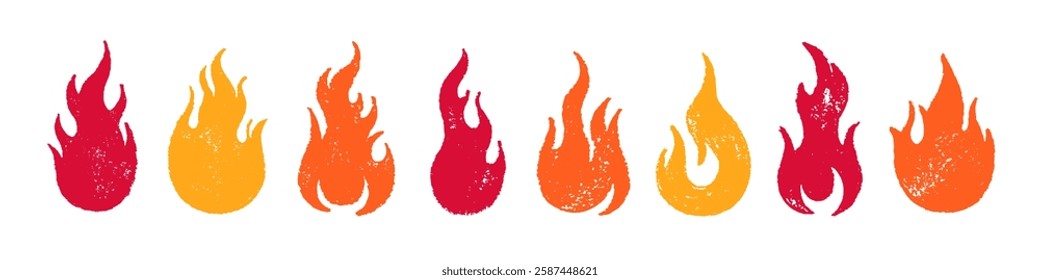 Fire flame icon. Crayon vector logo. Hot fire on white background. Flame simple illustration. Graphic heat symbol. Abstract silhouette, hell element clipart. Red stroke shape. Scribble punk pastel art