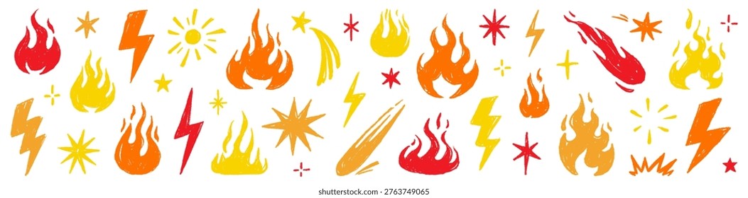Fire flame icon doodle collage set. Hand drawn flame fire brush scribble grunge chalk texture shape graphic. Punk lightning bolt explosion energy blast sticker rock power burst. Vector illustration