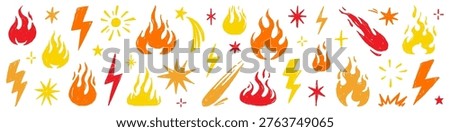 Fire flame icon doodle collage set. Hand drawn flame fire brush scribble grunge chalk texture shape graphic. Punk lightning bolt explosion energy blast sticker rock power burst. Vector illustration