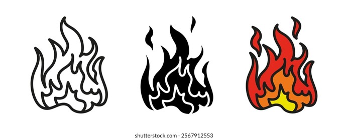 Fire flame icon. Flaming fire vector illustration. Heat and hot symbol. Blazing and burning flames sign. Fireball flare concept. Bonfire, campfire and fireplace ignite pictogram. Fire flame silhouette