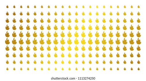 Fire flame icon gold colored halftone pattern. Vector fire flame objects are organized into halftone array with inclined gold gradient. Constructed for backgrounds, covers,