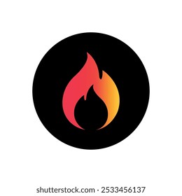 Fire or Flame Icon with Gradient Vector Design in Black Circle. Fiery Symbol Flat Logo Template for Web, App and Branding.