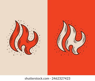 Icono de fuego con textura grunge. logotipo, etiqueta, insignia de Antiguas hipster fire flame. Ilustración vectorial.