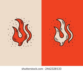 Feuer Flamme Ikone mit Grunge Textur. Klassisches Hipster-Feuer-Flammen-Logo, Label, Abzeichen. Vektorillustration.