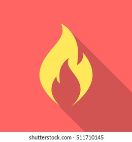 Fire flame icon with long shadow. Flat design style. Fire flame silhouette. Simple icon. Modern flat icon in stylish colors. Web site page and mobile app design vector element.