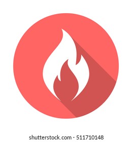 Fire flame icon with long shadow. Flat design style. Round icon. Fire flame silhouette. Simple circle icon. Modern flat icon in stylish colors. Web site page and mobile app design vector element.