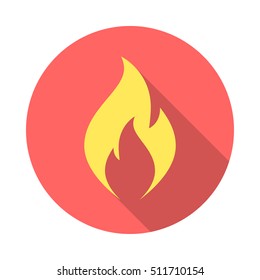 Fire flame icon with long shadow. Flat design style. Round icon. Fire flame silhouette. Simple circle icon. Modern flat icon in stylish colors. Web site page and mobile app design vector element.