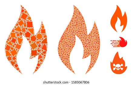 Fire flame icon mosaic of raggy items in different sizes and color tones, based on fire flame icon. Vector irregular items are grouped into mosaic. Fire flame icons collage with dotted pattern.