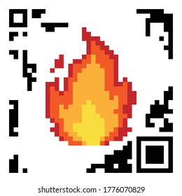 Fire flame icon pixel icon, vector Illustration in QR code style on white background.