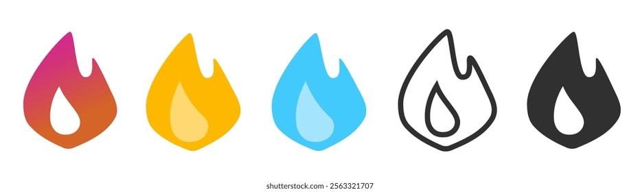 Fire flame icon red blue simple graphic illustration set, line stroke outline gas burn silhouette shape pictogram, solid black white monochrome hot ignite sign symbol, heating logo ui image clip art