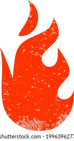 Fire flame icon with scratched style. Isolated vector fire flame symbol with scratched rubber texture on a white background.