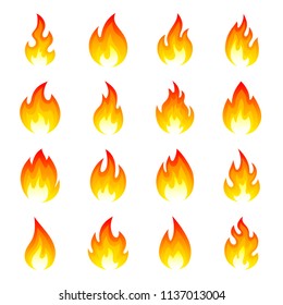 Fire flame icon set. Bright red glowing gaseous part of a fire, hot flames. Vector flat style cartoon illustration isolated on white background