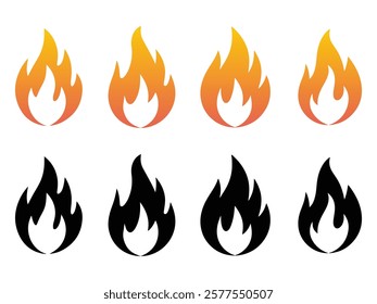  Fire Flame  Icon Set. Campfire, Bonfire, Flame Sign, Front View. Vector Illustration on white background