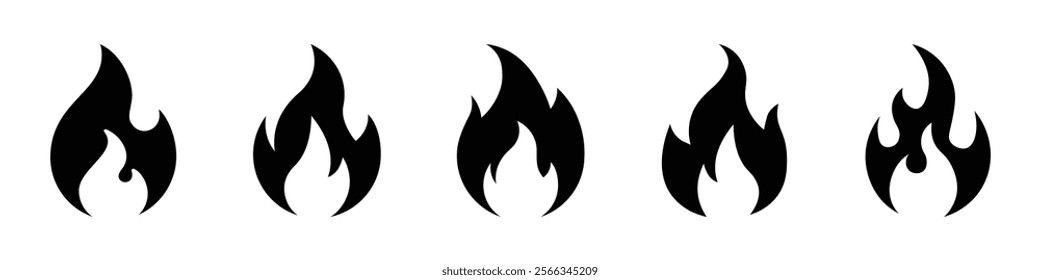 A fire flame icon set featuring various flame-related symbols. Includes a black flame icon, fire symbol in glyph style, fireball sign, campfire symbol, and flame vector illustrations.