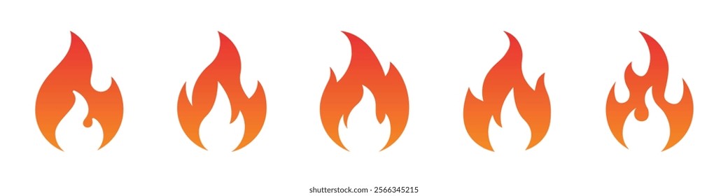 A fire flame icon set featuring various flame-related symbols. Includes a black flame icon, fire symbol in glyph style, fireball sign, campfire symbol, and flame vector illustrations.