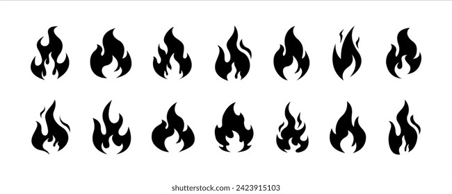 Fire flame icon set. Fire flames. Flame symbols. Fire silhouette. Collection of hot flaming element. Fire, flame. Vector illustration