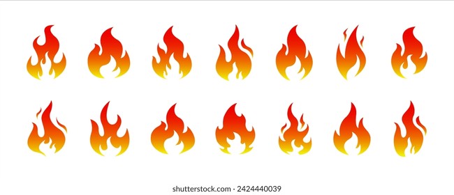 Feuer Flamme Icon Set. Feuer Flammen. Flammensymbole. Feuersilhouette. Set von roten und orangefarbenen Feuer Flamme. Sammlung von heißem flammendem Element. Vektorgrafik