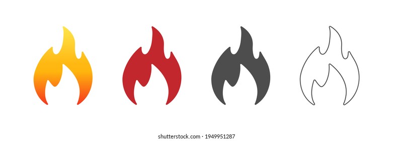 Fire flame icon set. Flat fire symbol collection. Vector isolated on white background.