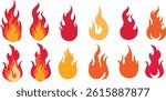 Fire flame icon set. hand drawn vector logo. Hot fire on white background. Flame simple illustration. Graphic heat symbol. Abstract silhouette, hell element clipart. Red stroke shape