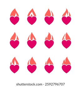 Fire flame icon set, hot heart symbols, can be used for logo and brand name, vector illustration.