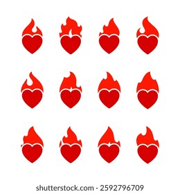 Fire flame icon set, hot heart symbols, can be used for logo and brand name, vector illustration.